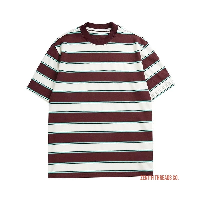 Burgundy and white striped t-shirt with horizontal stripes.