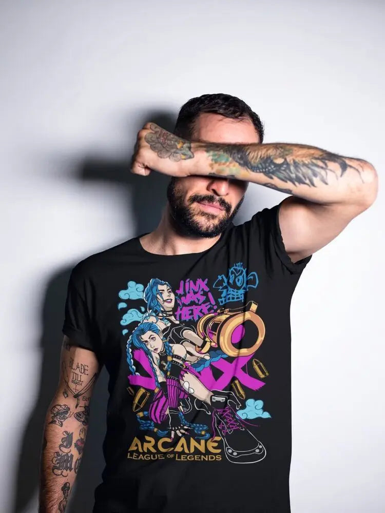 Black t-shirt featuring colorful cartoon-style artwork inspired by the animated series ’Arcane’