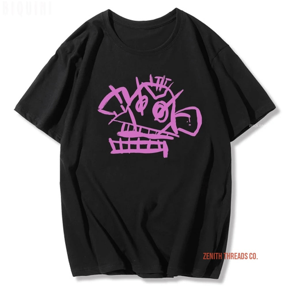 Black t-shirt with a pink graffiti-style design on the front.