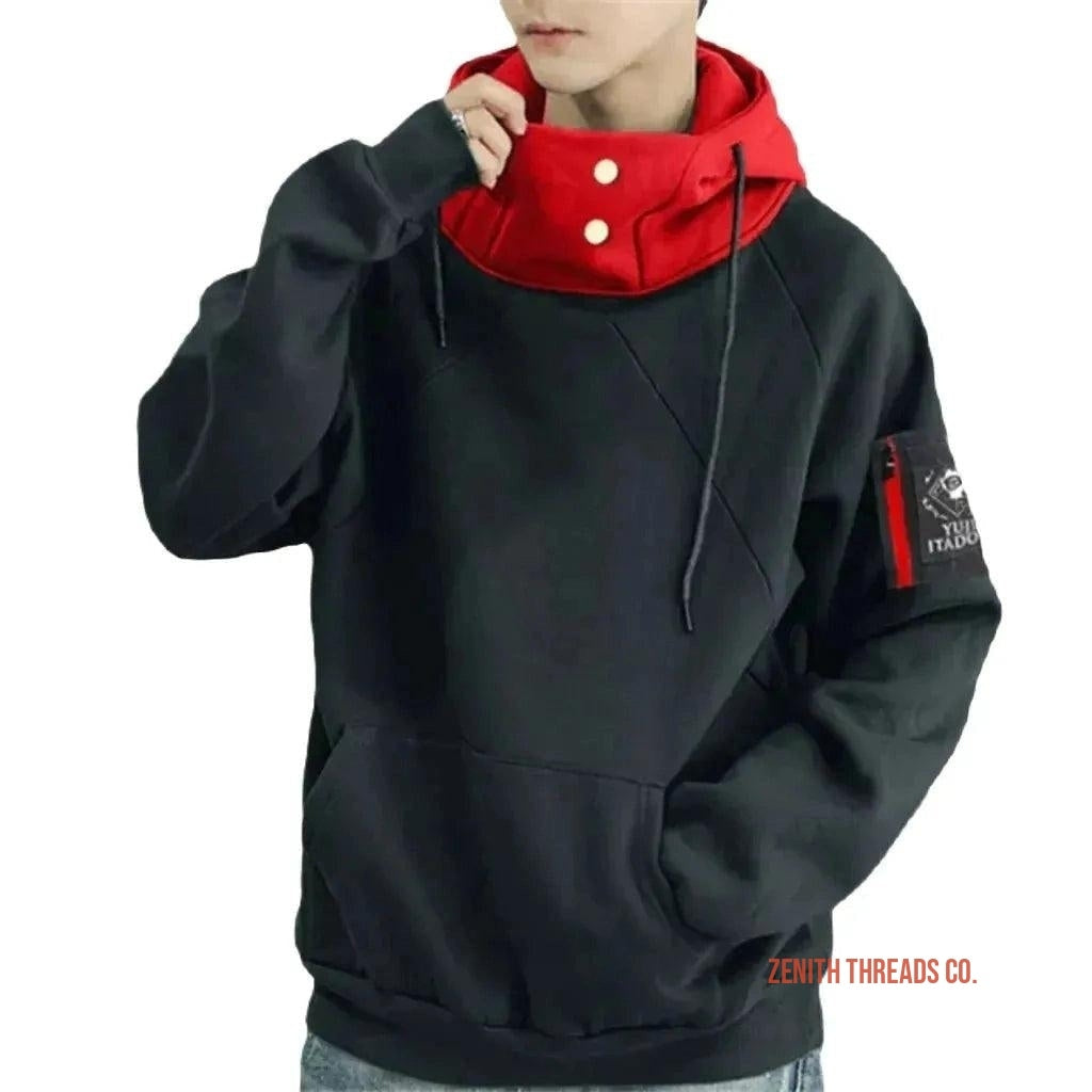 Black hoodie sweatshirt with a red collar accent and drawstrings.