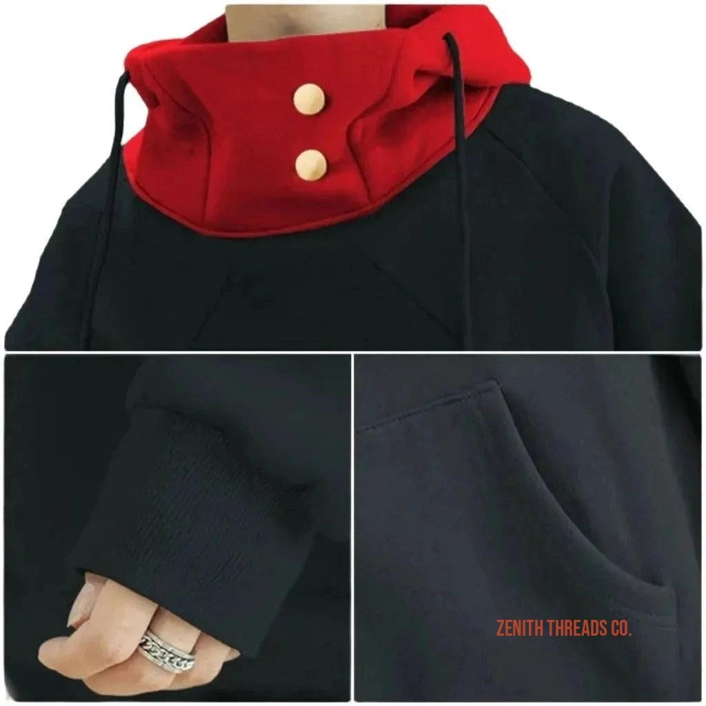 Black hoodie with a red cowl neck and gold buttons.