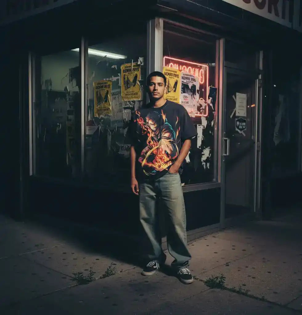 Man standing in front of a store with neon signs at night