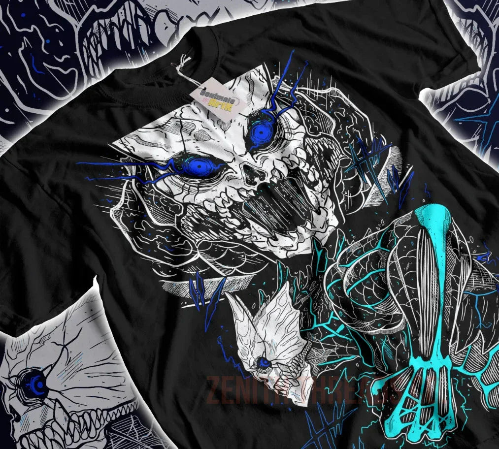 Black t-shirt featuring an artistic skull design with blue and turquoise accents.