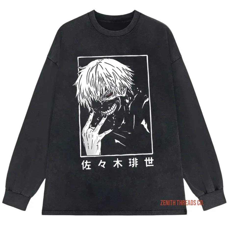 Black long-sleeve t-shirt featuring a manga-style character illustration with Japanese text.