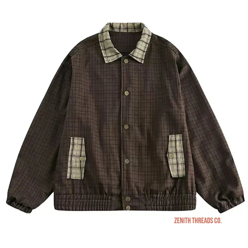 Brown corduroy jacket with plaid collar and pocket accents.