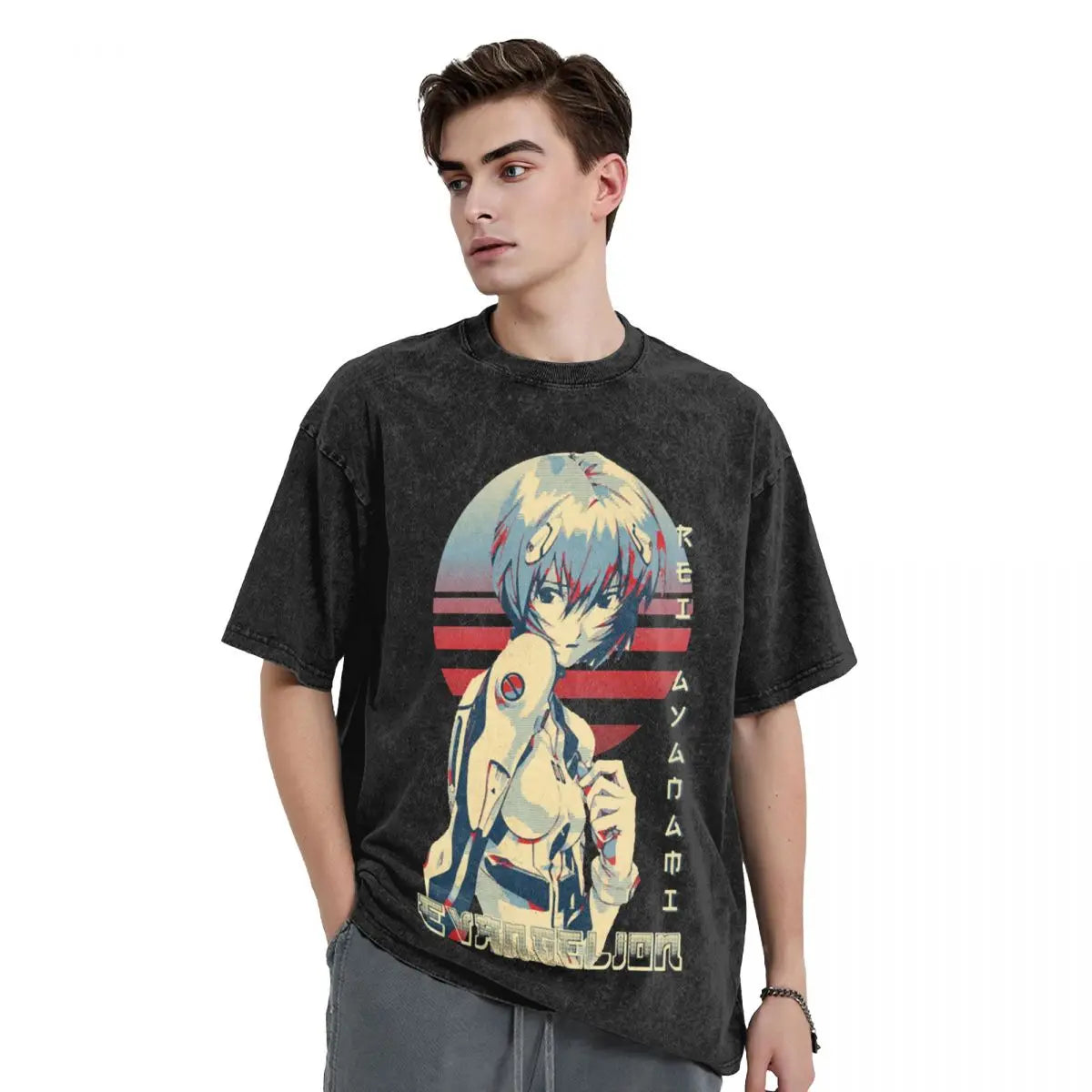 Black graphic t-shirt featuring anime-style artwork with Japanese text and retro sunset stripes.