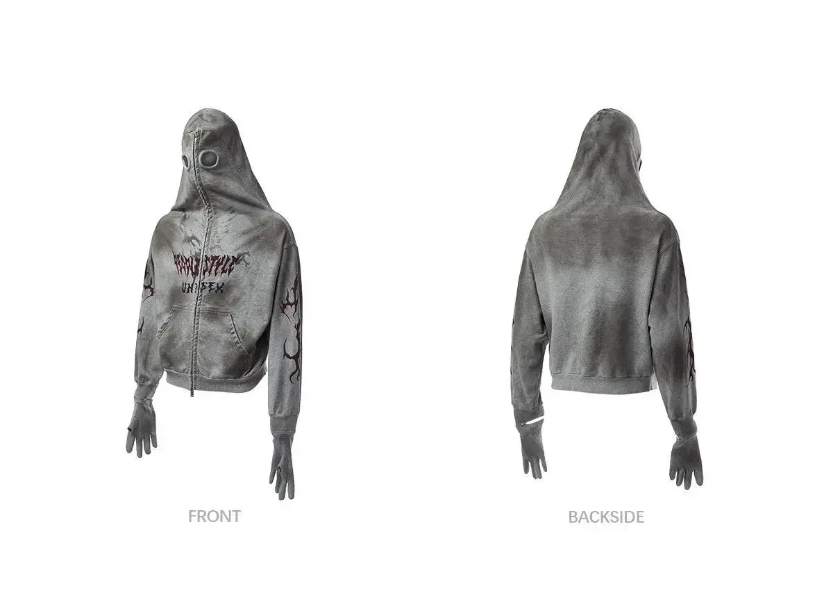 destructive Stained face mask detachable gloves hoodie - hoodie