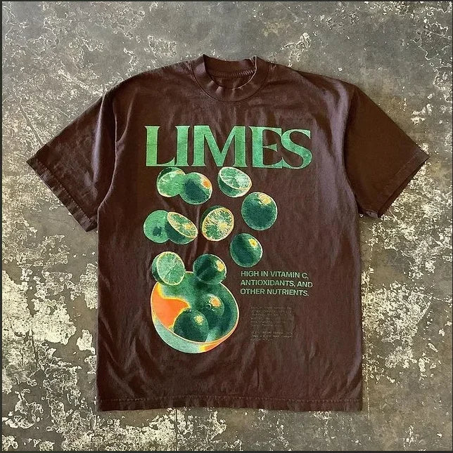 Brown t-shirt with green ’LIMES’ text and lime illustrations printed on it.