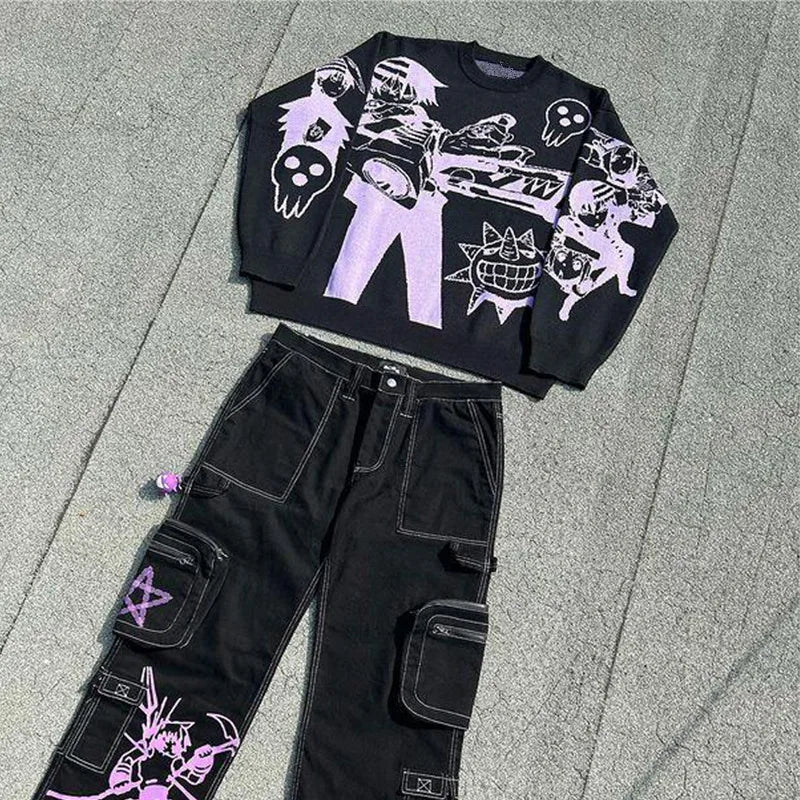 Black and purple streetwear outfit featuring a graphic sweater and cargo pants with cartoon designs.