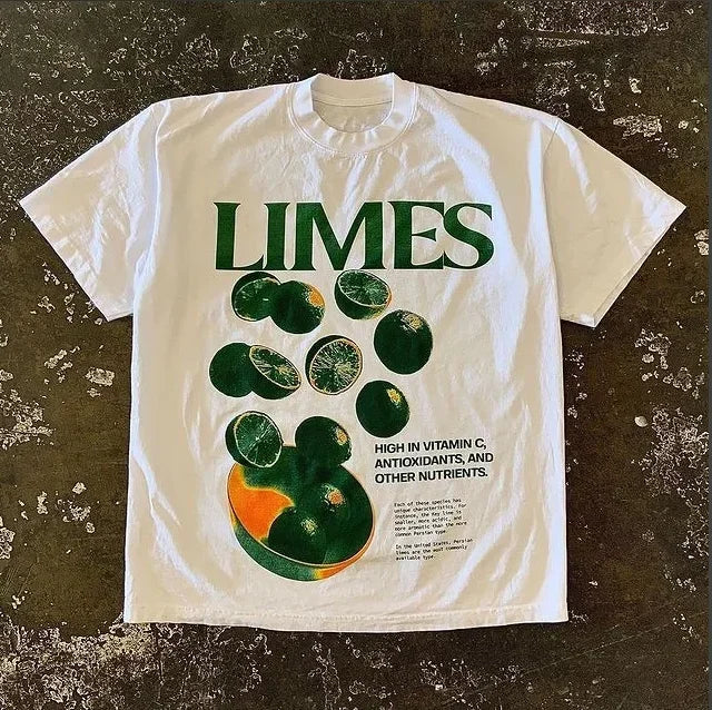 White t-shirt with green lime illustrations and text about vitamin C and nutrients.