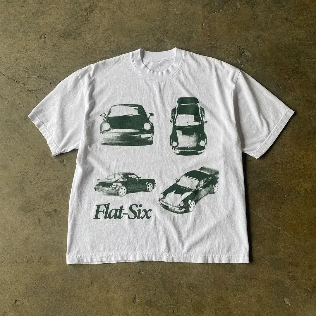 White t-shirt featuring four Porsche car silhouettes and ’Flat-Six’ text.