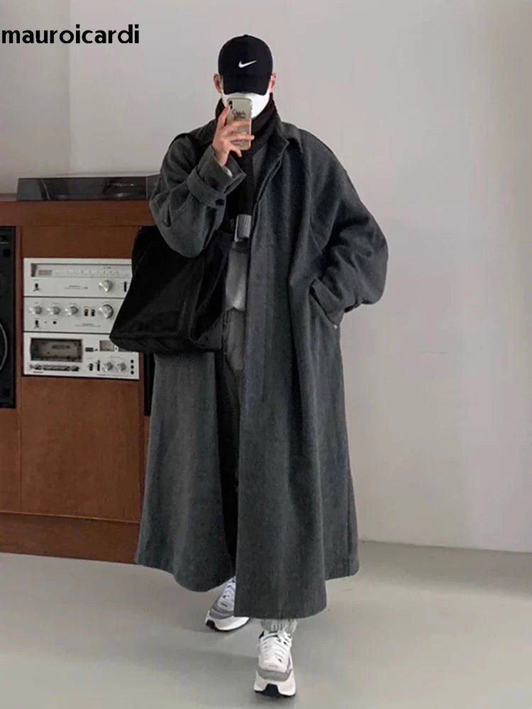 Long Warm Grey Black Woolen Coat - Coat