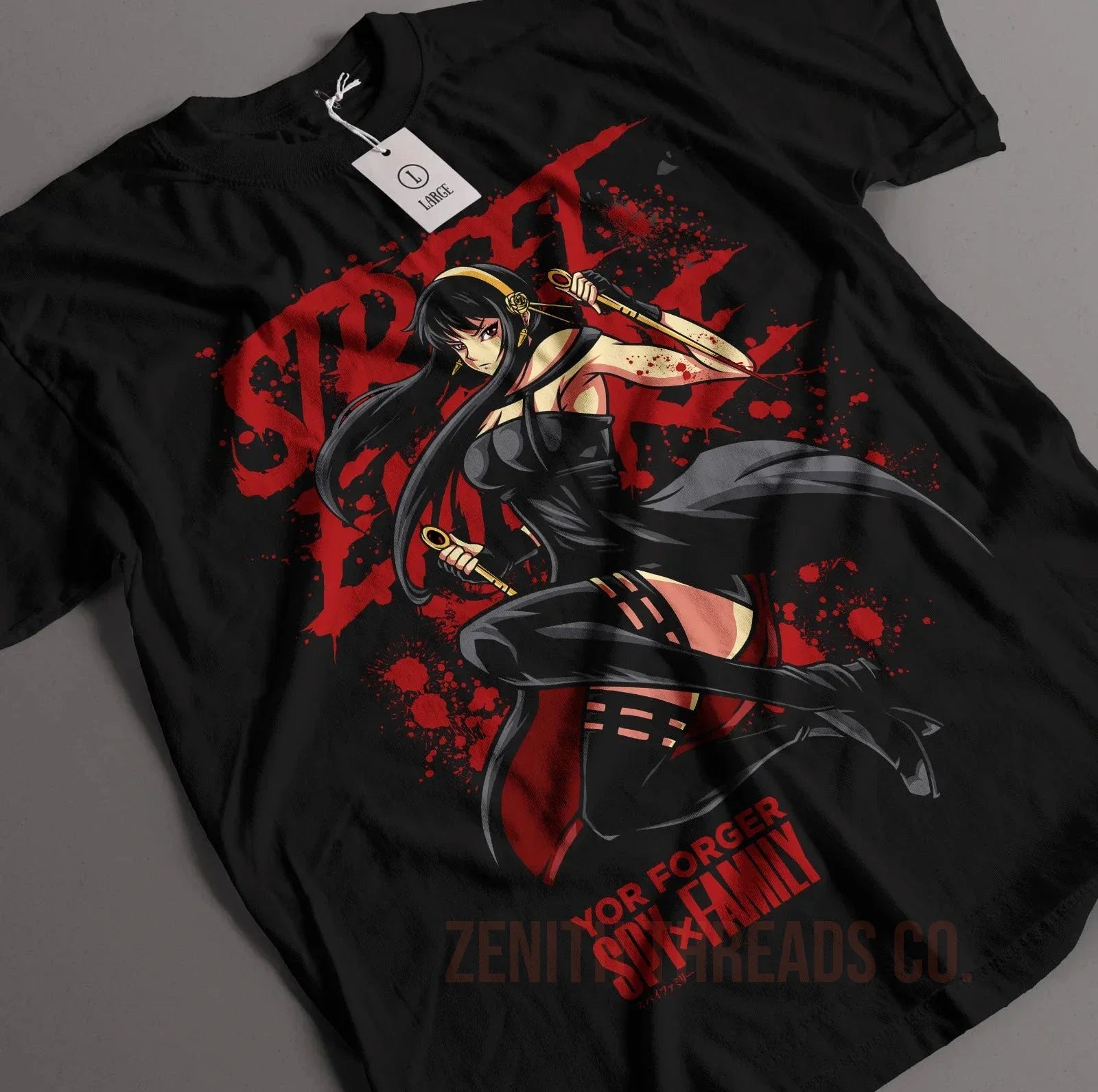 Black t-shirt featuring an anime-style ninja character design in red and black colors.