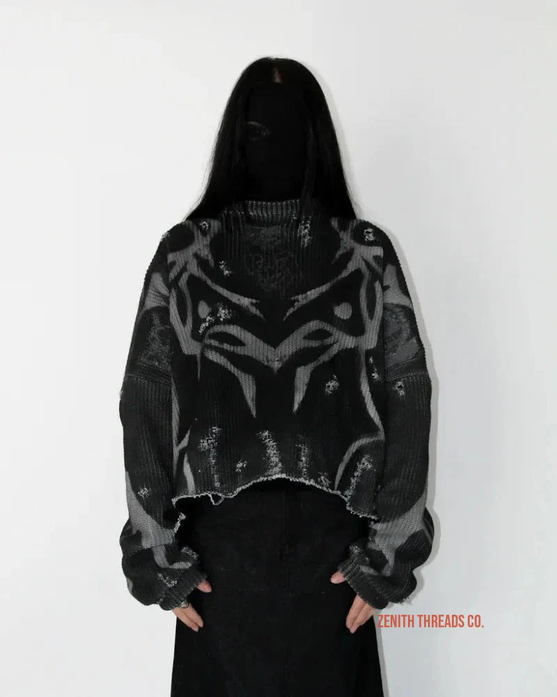 Black hoodie with gray tribal-style design pattern on the front.