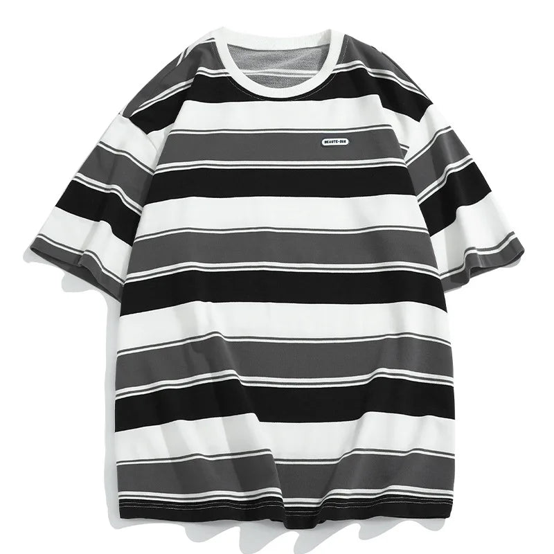 Y2K Loose Contrast Color Short Sleeve Striped T-shirts - Black stripe / 3XL - T-Shirt