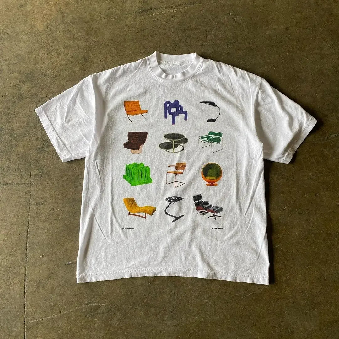 White t-shirt featuring illustrations of various chairs and furniture designs.