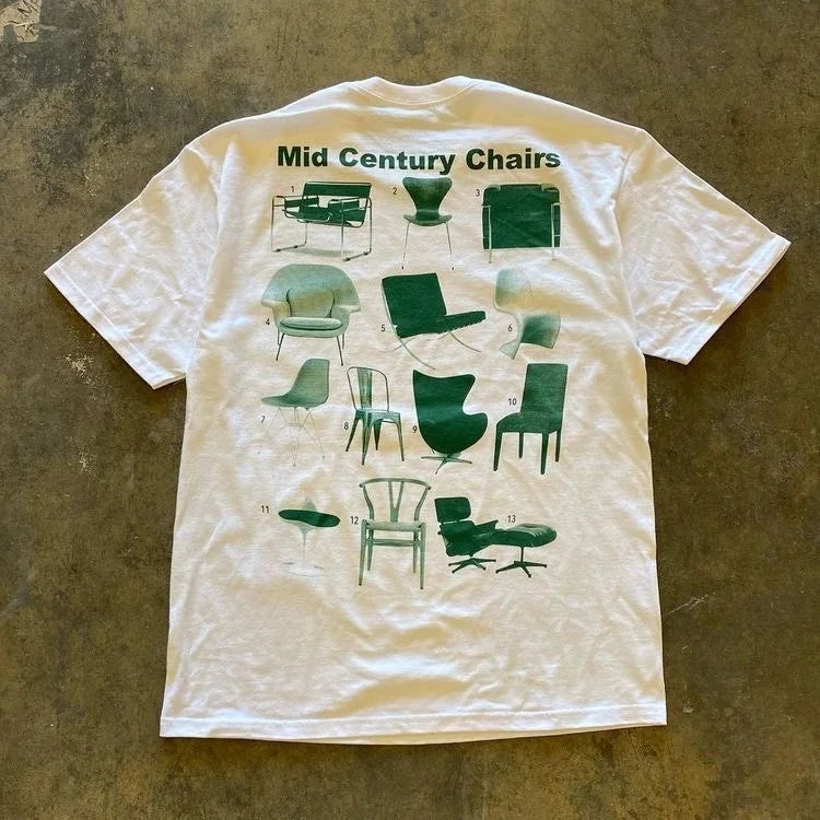 White t-shirt featuring green illustrations of various mid-century modern chair designs.