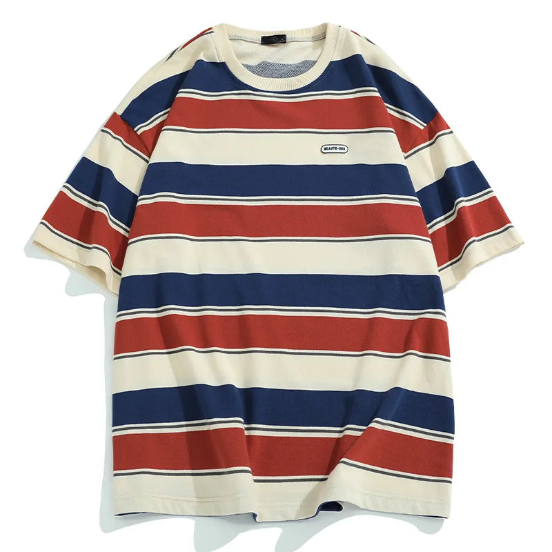 Y2K Loose Contrast Color Short Sleeve Striped T-shirts - Red stripe / 2XL - T-Shirt