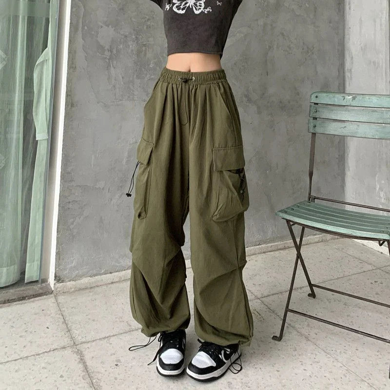 Parachute Black Cargo Pants Pockets Y2k Streetwear Oversize - Army Green / XL - Cargo Pants