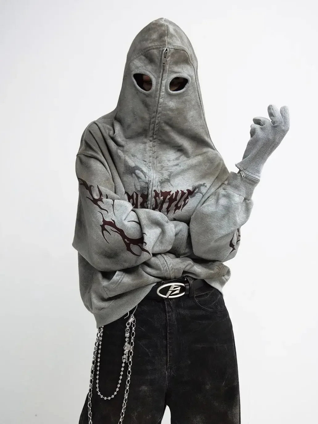 destructive Stained face mask detachable gloves hoodie - Gray / 2XL - hoodie