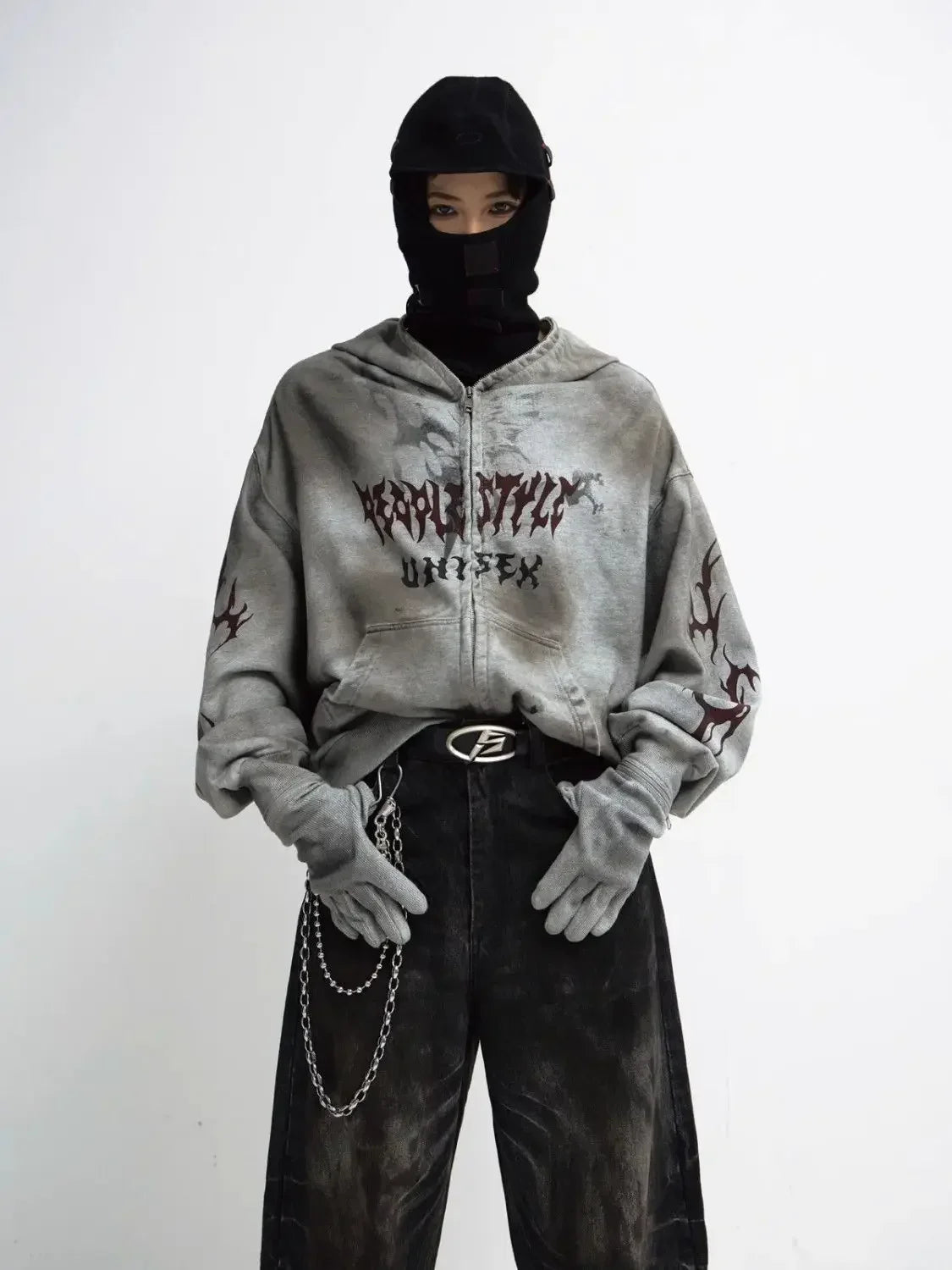 destructive Stained face mask detachable gloves hoodie - hoodie