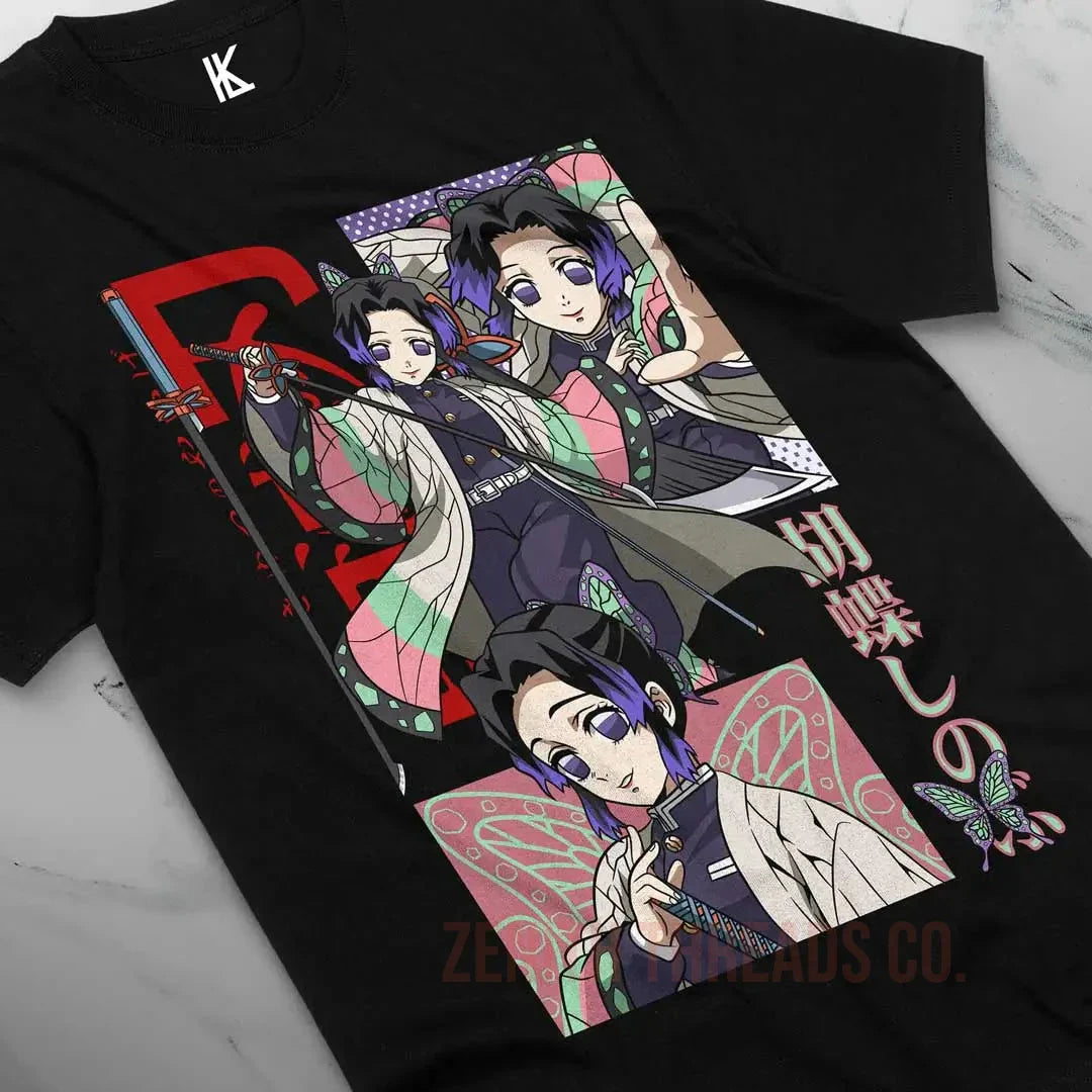 Black t-shirt featuring anime-style artwork of characters from Demon Slayer in a vertical panel design.