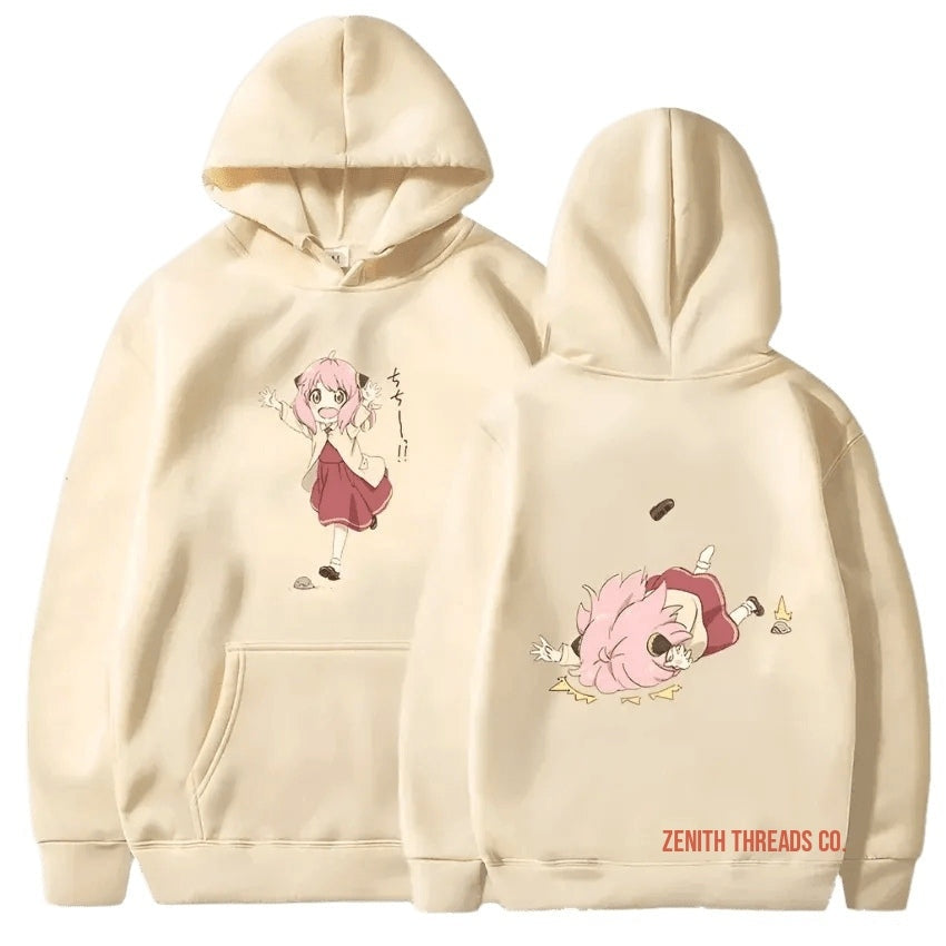 Cream-colored hooded sweatshirts with cute anime character designs on front and back.