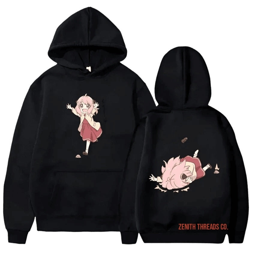 Black hoodie with pink anime character designs on front and back.