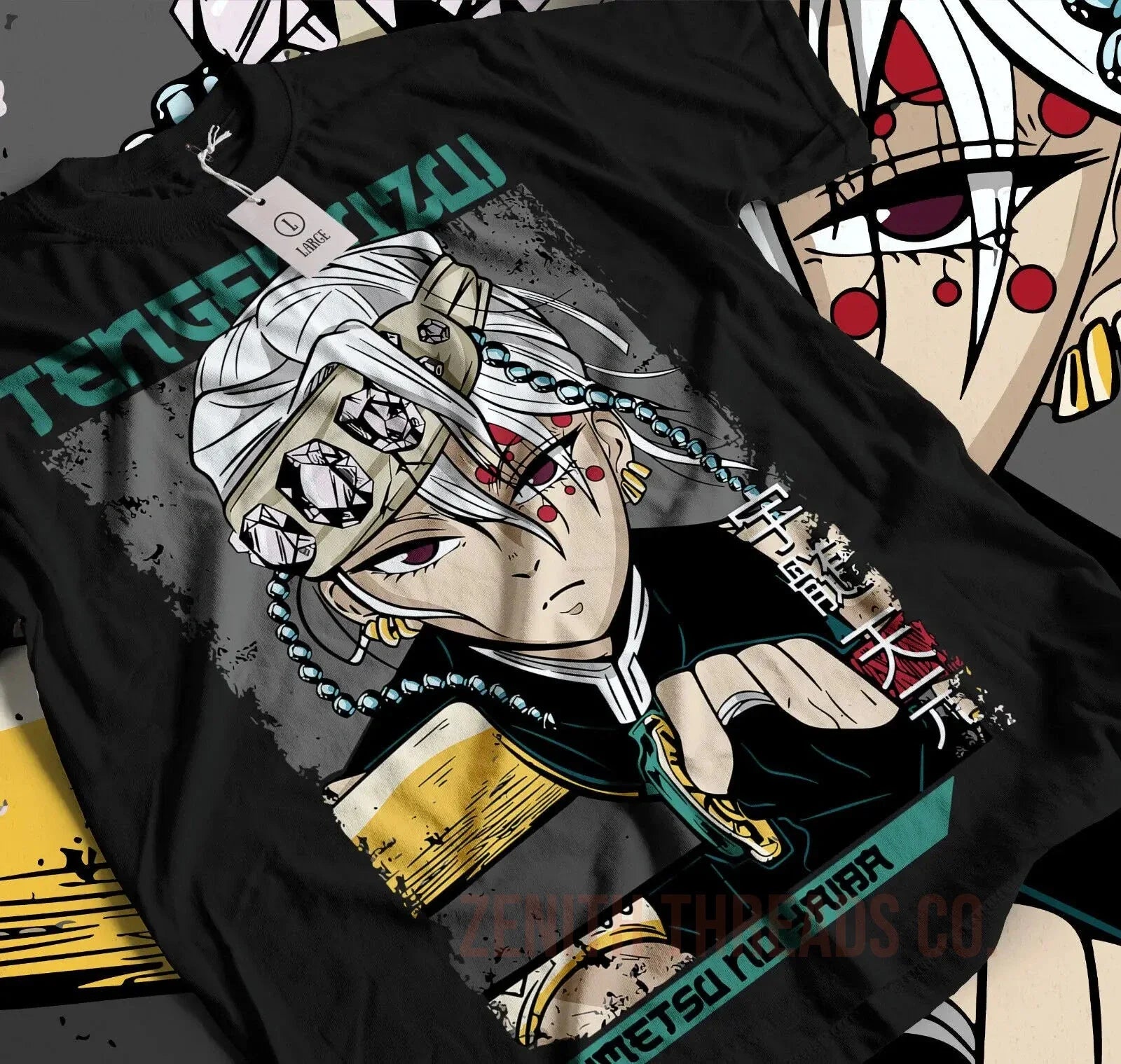 Black t-shirt featuring anime-style artwork with teal text accents.