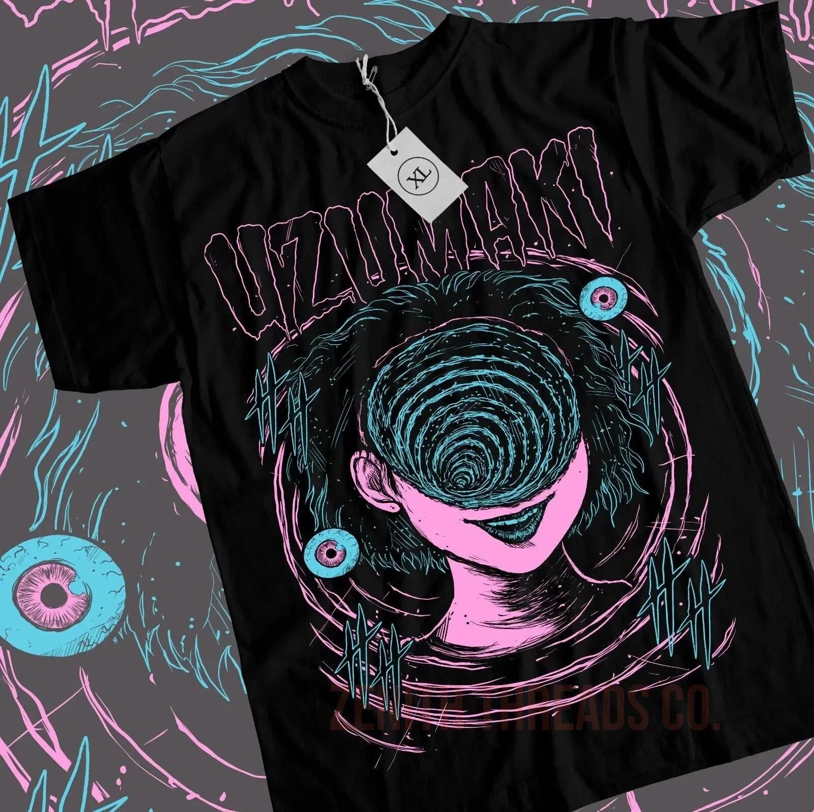 Black t-shirt featuring a psychedelic spiral design in pink and turquoise with floating eyeballs.