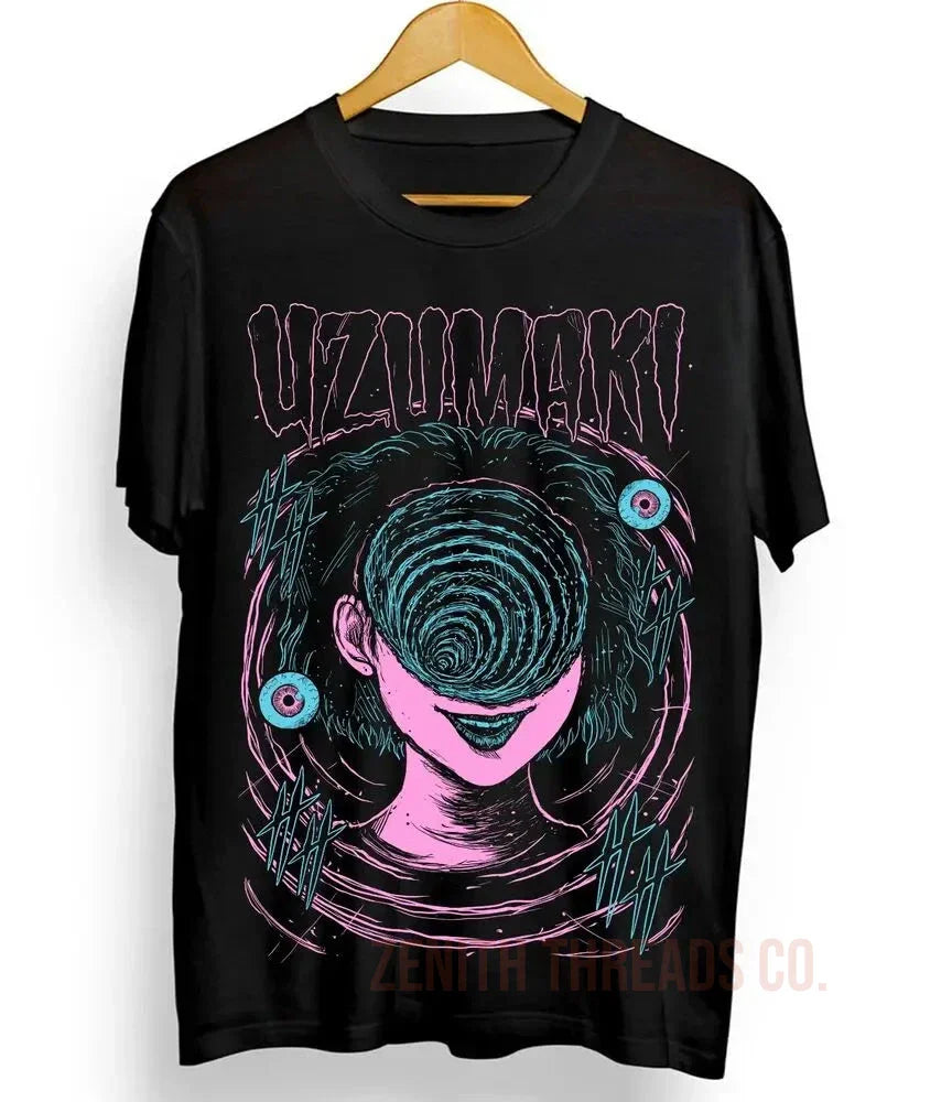 Black t-shirt featuring a pink and blue spiral horror-style graphic design with ’Uzumaki’ text.