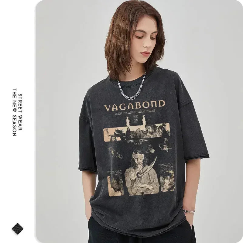 Vintage-style black graphic t-shirt with ’VAGABOND’ text and sepia photographs printed on it.