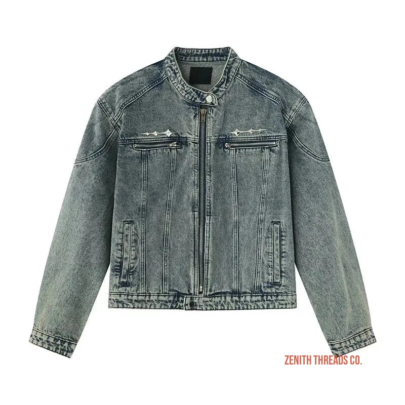 Acid-washed denim jacket with zippered front pockets and a band collar.