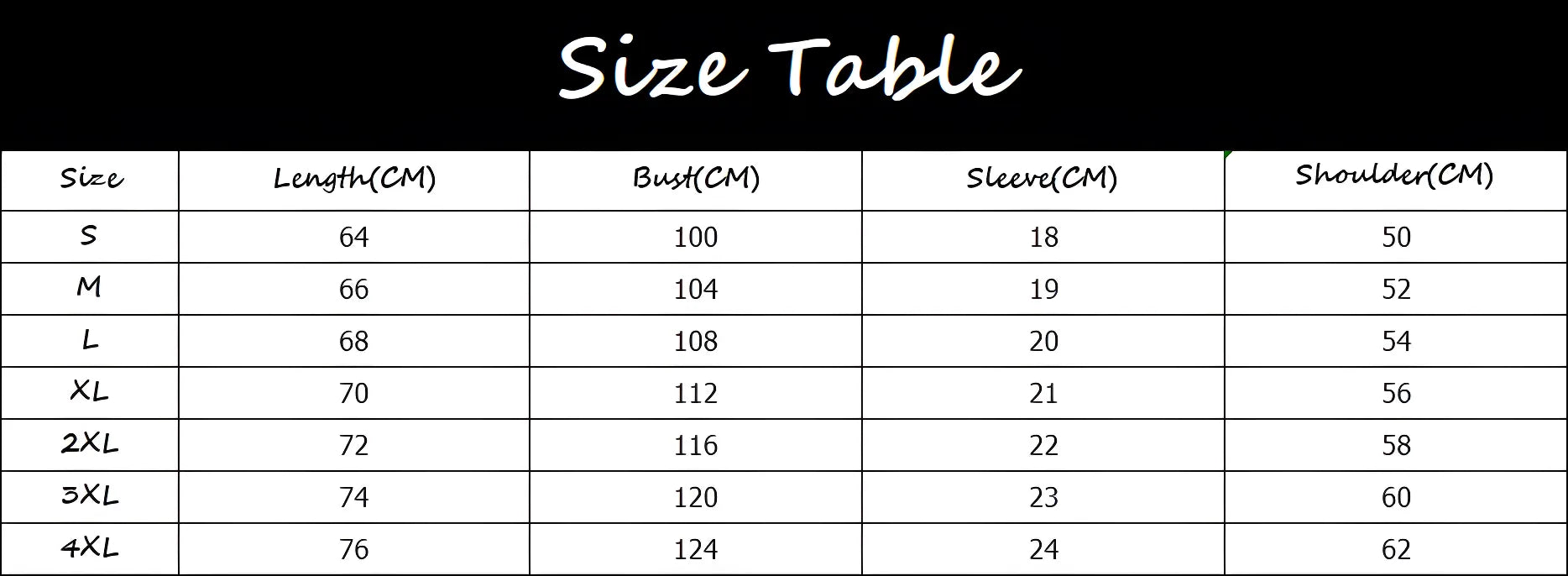 Size chart displaying measurements for length, bust, sleeve and shoulder in centimeters across different clothing sizes.