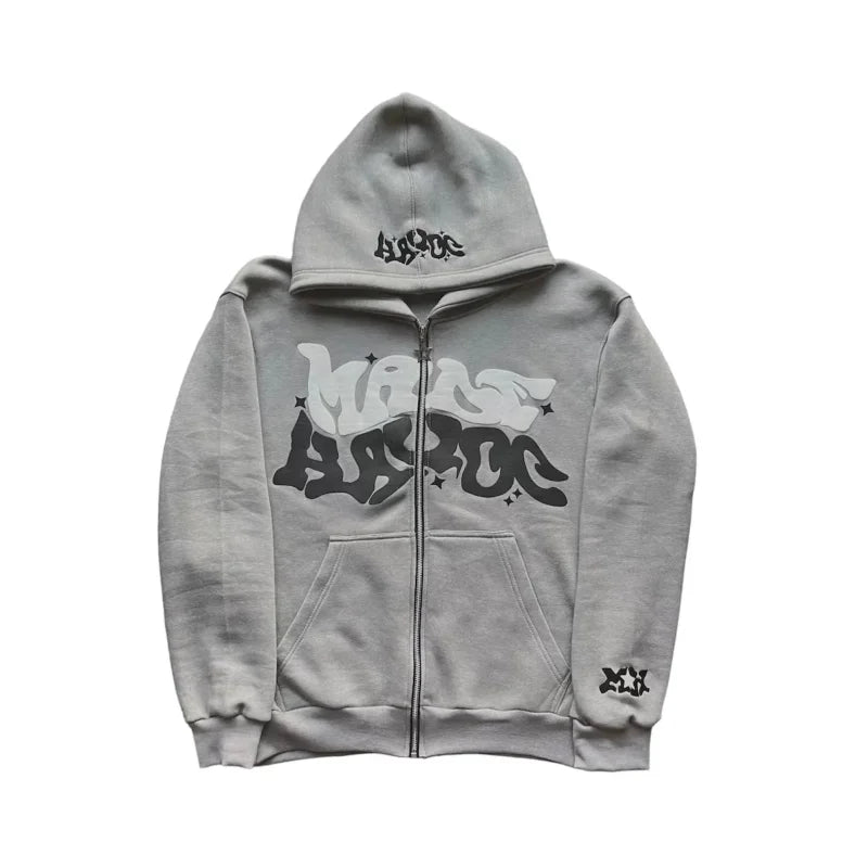 American Retro Star and Letter Printed Zipper Hoodie - Grey / CHINA / S - hoodie