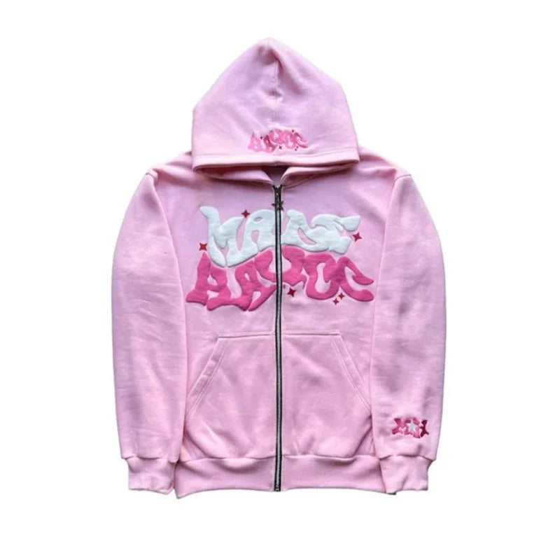 American Retro Star and Letter Printed Zipper Hoodie - Pink / CHINA / S - hoodie