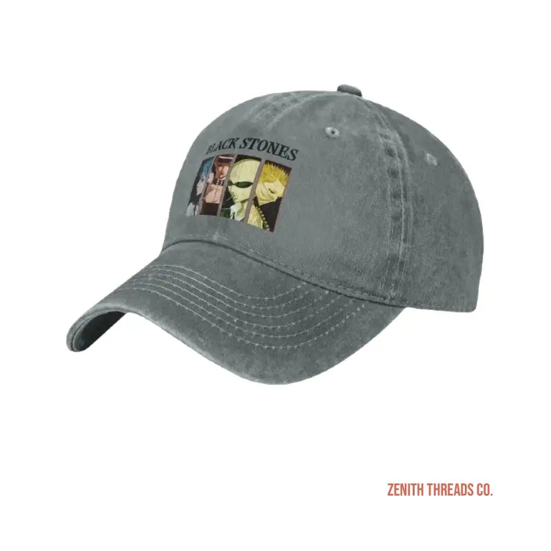 Gray baseball cap with a ’Black Stones’ graphic design on the front.