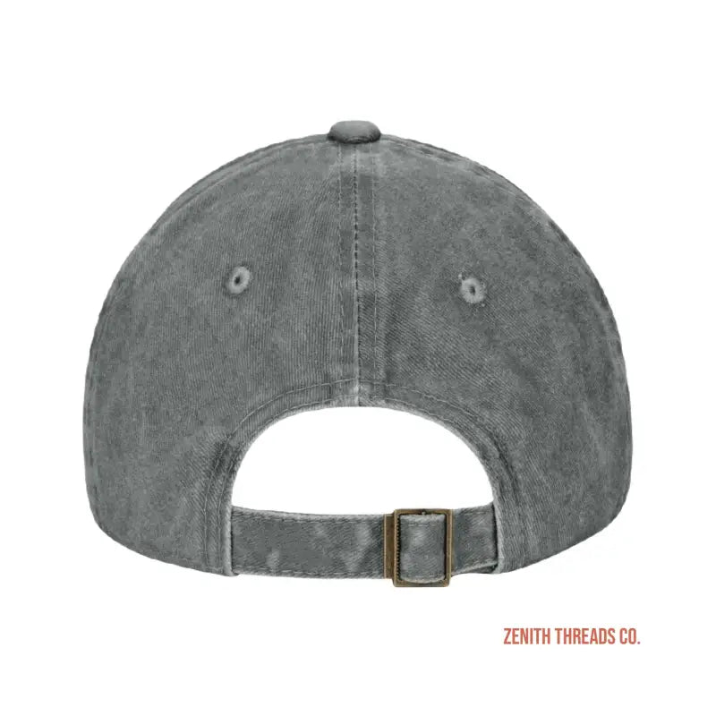 Gray washed cotton baseball cap with an adjustable metal buckle closure.