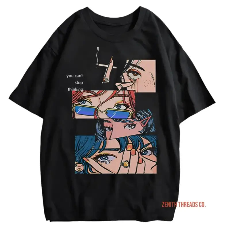 Black t-shirt featuring anime-style artwork panels showing eyes, sunglasses and smoking imagery.