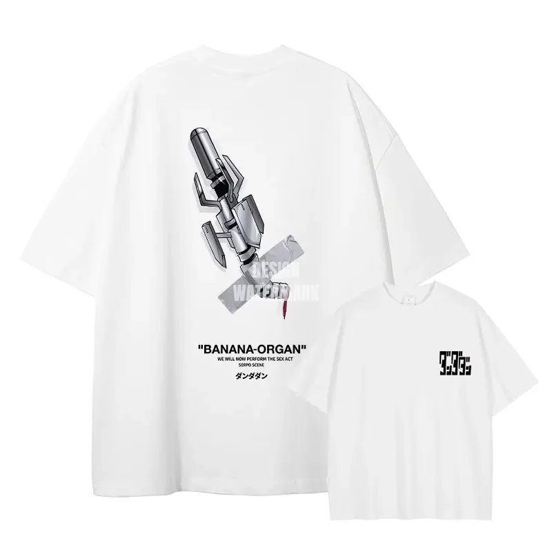 White graphic t-shirts from Dandadan featuring summer style for trendy tops