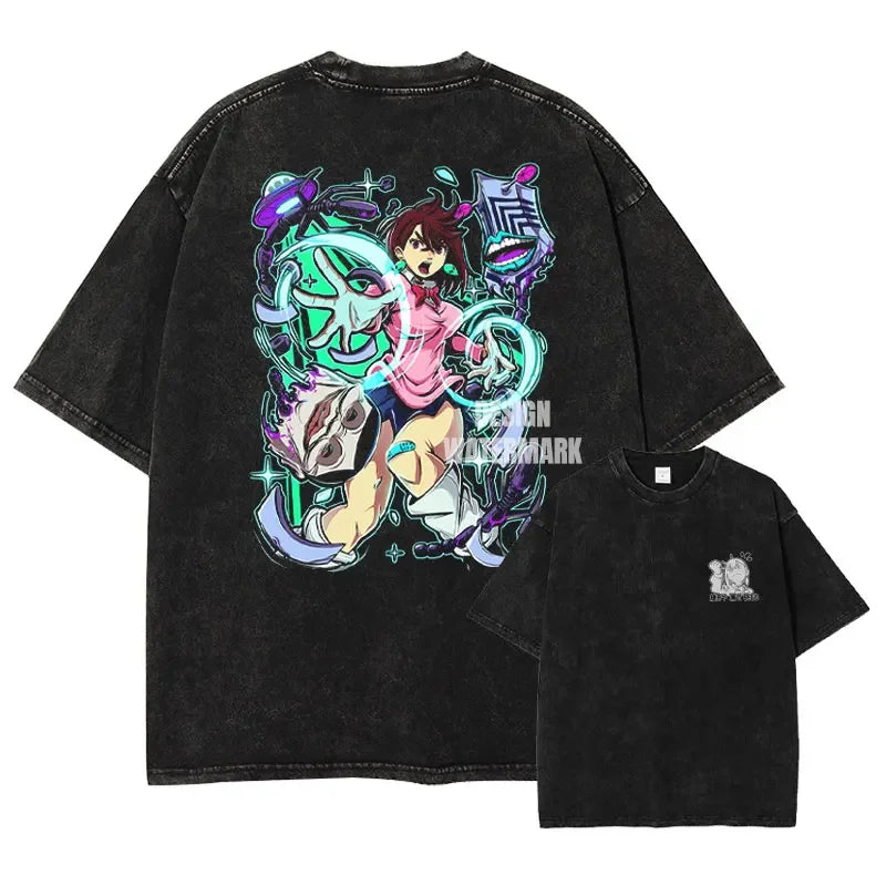 Black graphic t-shirt showcasing Dandadan vintage anime style for summer tops