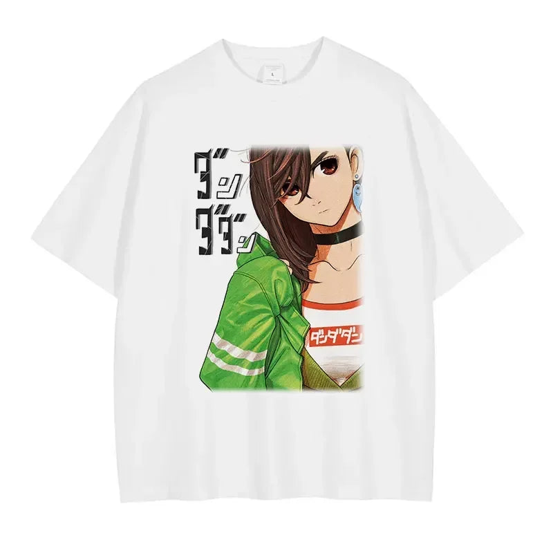 White t-shirt with anime girl graphic, perfect for summer style tops