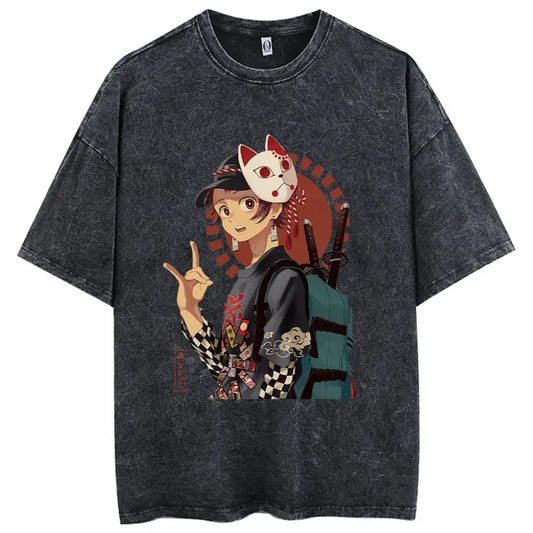 Gray anime graphic tee showcasing a stylish character, perfect for Japanese streetwear