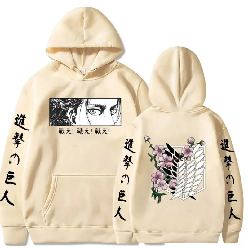 Beige hoodie featuring anime graphics, perfect for spring adventures in style