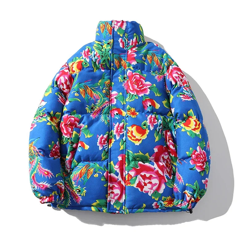 Blue floral puffer jacket for Japanese streetwear with an anime-inspired design