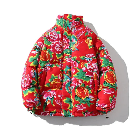 Red floral puffer jacket perfect for Japanese streetwear and anime-inspired fashion