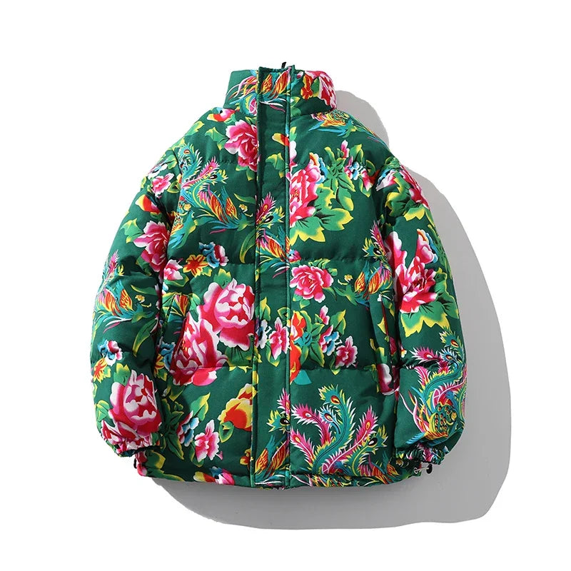 Green floral puffer jacket for stylish Japanese streetwear and anime-inspired fashion