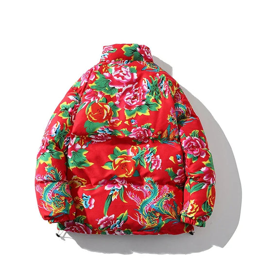 Red floral puffer jacket for Japanese streetwear with anime-inspired design