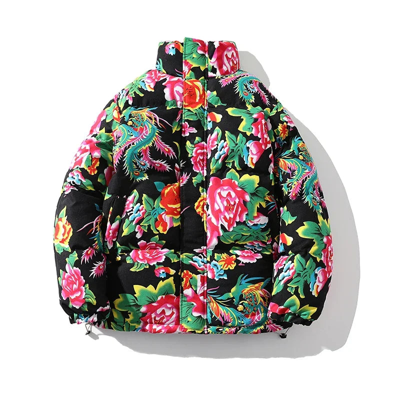 Anime-inspired floral and dragon print puffer jacket for Japanese streetwear style