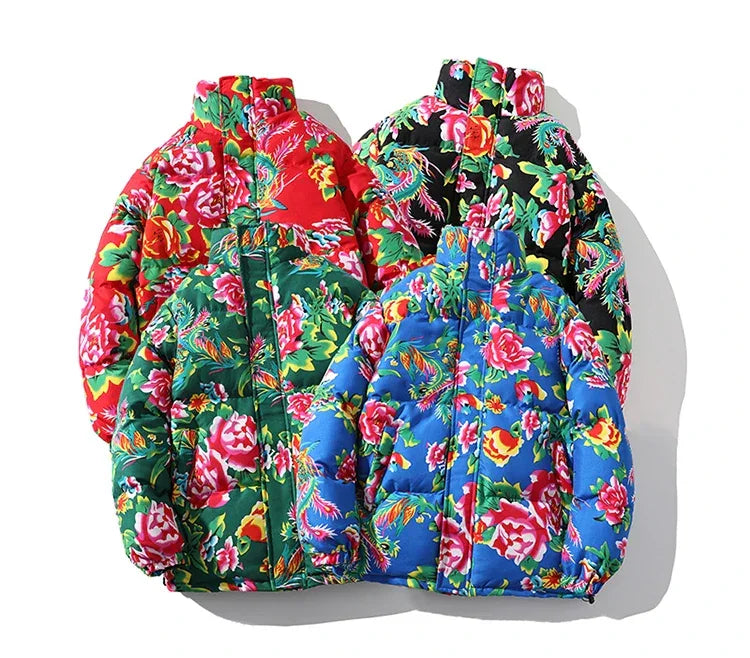 Anime-inspired floral puffer jacket showcasing vibrant patterns for Japanese streetwear style